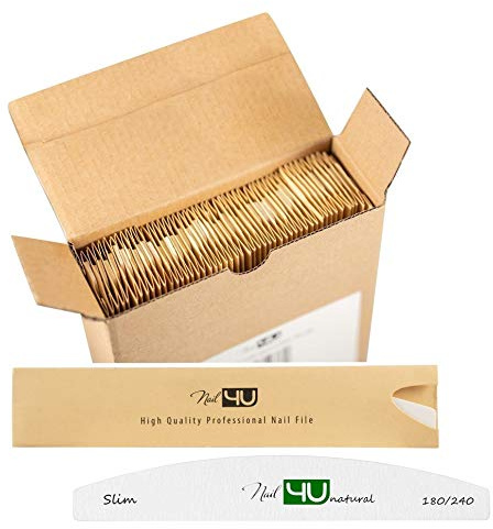 Slim Nail Files Half Moon Emery Boards for Acrylic Gel Tips Natural Wooden Core Eco-friendly products by Nail4U Double sided 180/240 grit Manicure Tools for Home and Salon use Pack of 50 pcs