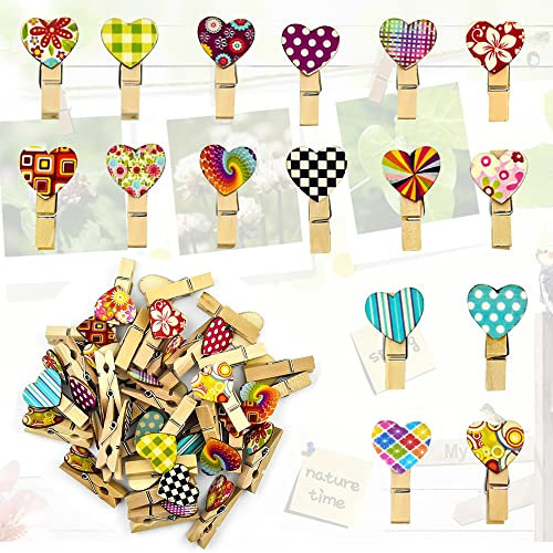 TONAUP 50 Stück Wäscheklammern, Bunt Herz Holz Clips Mini Holzklammern Deko Klammern Zierklammern für DIY Fotos Clips Hochzeit Geschenk Craft Decor