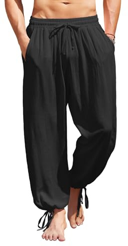 COOFANDY Men's Cotton Linen Harem Pants Drawstring Casual Cropped Trouserss Lightweight Loose Beach Yoga Pants with Pockets Black