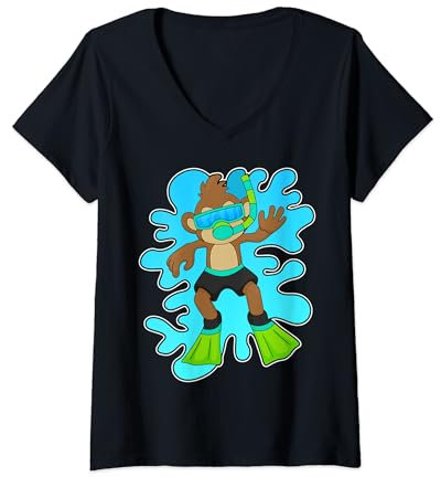 Damen Affe Taucher Schnorchel Tauchen T-Shirt mit V-Ausschnitt