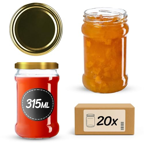 KADAX 20er Set Einmachgläser 315ml TO66 Gold, Marmeladengläser Vorratsgläser Mason Jar mit Schraubdeckel, Luftdicht & Spülmaschinenfest, Honig- & Dessertgläser