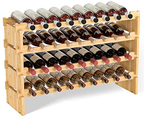 Domax Wine Rack Freestanding Floor - 36 Wine Bottle Holder, Large Stackable Wooden Storage Racks for Inside Cabinet and Countertop (Yellow)