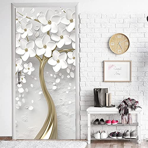 3D Türtapete Selbstklebend Weiße Blumen-Baum-Schmuck 77 X 200 Cm Diy Wandbild Pvc Wasserdicht Pvc Türtattoos Türposter Türaufkleber Fototapete Türfolie Für Tür,Wohnzimmer,Schlafzimmer,Küche Toilette