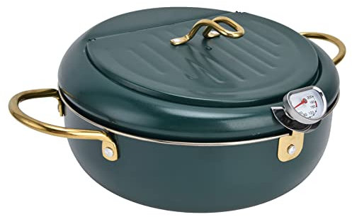Tomotato 24cm Friteuse Tempura Japonaise en 304 Acier Inoxydable avec Thermomètre Fahrenheit et Couvercle Égouttour pour Friture Crevettes Ailes de Poulet Légumes(Vert foncé)