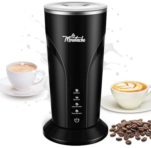 La Moustache - Espumador de Leche Eléctrico Automático【4 en 1】Espuma Tibia/Fría, Espesa/Fina, Calentador de Leche para 300 ml de Café Latte, Cappuccino, Macchiato, Silencioso 500W (Epic Foam Shaker)