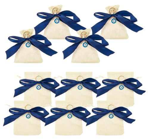 nbeads 10 Stück Linenette Geschenk-Taschen, 14.5x10cm Burlap Drawstring Bags Leinen Schmuckbeutel mit Blauen Bowknot und Emaille Auge Anhänger für Weihnachten Party Hochzeit Favors Bags, Weiß Blumig