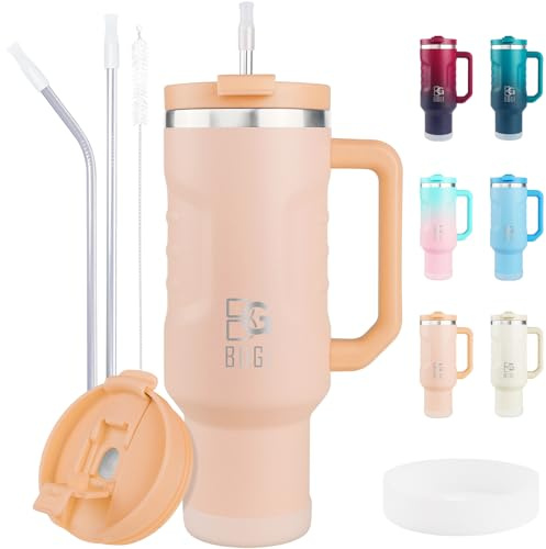 BOGI Becher mit Griff und Strohhalm, 2-in-1-Deckel, Edelstahlbecher mit Deckel und Strohhalm, auslaufsicher, isoliert, wiederverwendbar, Reise-Kaffeebecher, Becherhalter, freundlicher Reisebecher