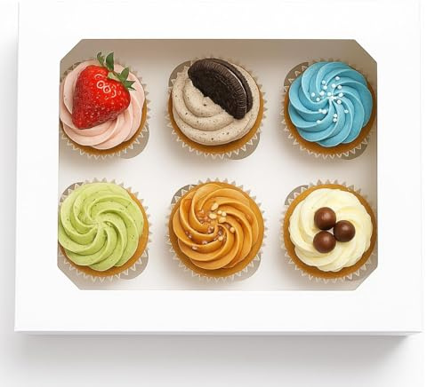 PACKARDI Pack of 5 White Cupcake Boxes 6 Hole with Window Including Stickers – Unique Cup cake Box with Auto Popup Perfect for Party Muffins, Cupcakes, Small Cakes & Cookies