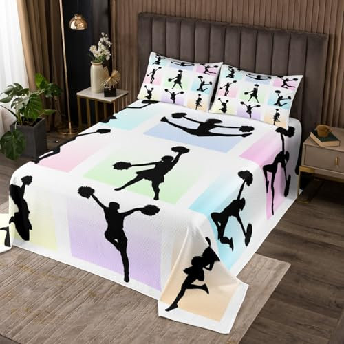 Manfei Cheerleading Tagesdecke S Größe,Cheerleader Silhouette Bettwäsche Set Kinder Mädchen Frau Zimmer Dekor,Regenbogen Bunte quadratische Plaid Tröster Set Tanzen Sport Liebhaber Quilt Coverlet