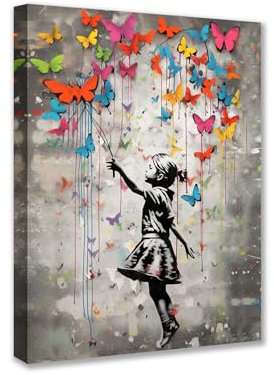 Tucocoo Canvas Print, Design: Banksy, Little Girl, Butterfly, Street, Graffiti Painting, Contemporary Artwork, Home Decor for Living Room, with Wooden Frame, Gallery Packaging, Ready to Hang