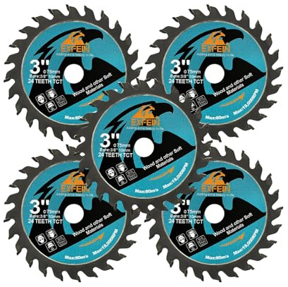 Disque à tronçonner pour bois EXFEIN 75mm 5pcs - Lame de scie circulaire compacte à dents en carbure 24T TCT, à usage général pour le cuttting dans le bois, le plastique et les matériaux composites