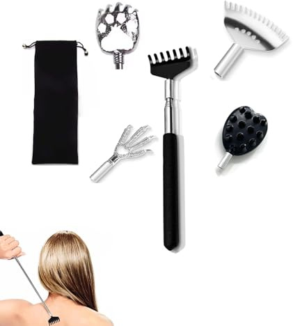 YQBFTC Rascador de espalda extensible (5 cabezas), barra telescópica de acero inoxidable para rascar la espalda y la cabeza, alivio inmediato de la picazón para masaje de cabeza y espalda