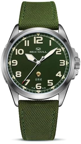 SEA-GULL Montre Mécanique Automatique pour Homme, Montre Militaire, Édition Commémorative, Mouvement Automatique ST2500, Vert, Sangle et Boucle Ardillon