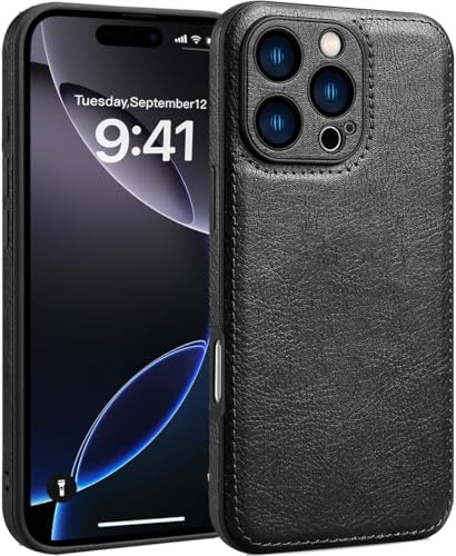 SOUTEM für iPhone 16 Pro Max Hülle Leder, Vintage Klassisches PU-Leder Luxus Business Kamera Rahmenschutz Hülle, Weiche rutschfeste Griff Anti-Kratzer Stoßfeste Hülle für iPhone 16 Pro Max(Schwarz)