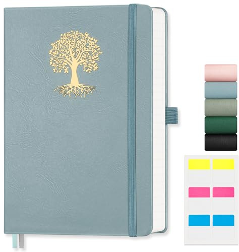 EMSHOI A4-Notizbuch, liniert, 100 g/m², Hardcover, Leder-Tagebuch mit Haftnotizen, 192 nummerierte Seiten, College-Notizbuch für Damen, Herren, Arbeit, Schule, Schreiben, Journaling, 21,5 x 29,7 cm,