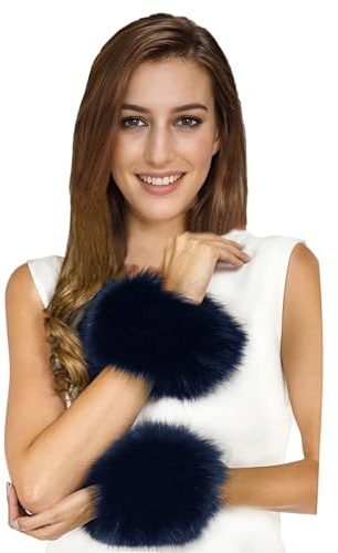 Lina & Lily Women's Winter Wrist Cuffs Warmers Faux Fur Fluffy (Navy Blue)