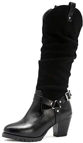 Klarmar Donna Knee High Block Stivali Loose Stivali con Imbracatura Punta Rotonda Western Senza Chiusura Retrò Stivali Alti Tacco Medio Nero Numero 35 EU/22.5CM
