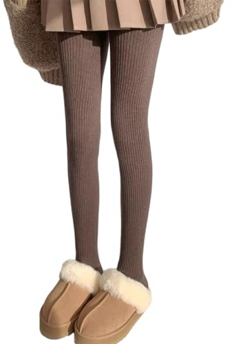 YIZITU Damen-Strumpfhose, Winter, Herbst, einfarbig, vertikal gestreift, dick, gerippt, Strick, Leggings, Strumpfwaren, dark coffee, S-L