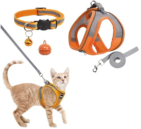 Katzengeschirr mit Leine Ausbruchsicher, Breathable Katzenleine mit Reflektierenden Streifen, Dauerhaft Cat Harness, Weichem Innenfutter und Atmungsaktivem Mesh,Orange(XXXS)