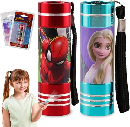 SRV Hub Lot de 2 torches de Noël pour enfants, La Reine des Neiges et Spiderman, super lumineuses LED en aluminium, veilleuses avec cordon pour voyage, lampes de poche de Noël pour enfants de 3 ans et