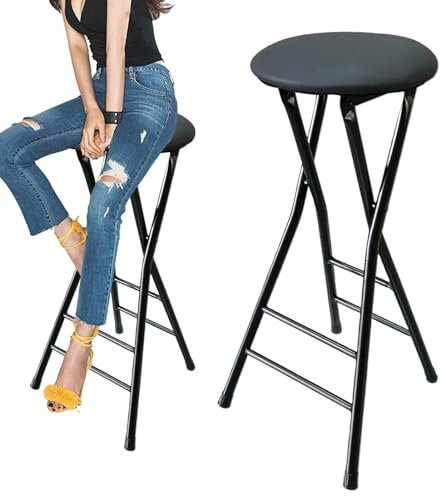 Sgabello da bar alto pieghevole con poggiapiedi, resistente, pieghevole, imbottito, rotondo, per cucina, bar, capacità 136 kg, design senza schienale, nero, 80 cm