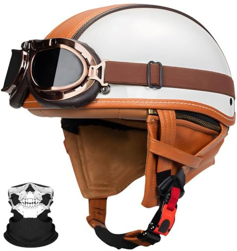 SYEBVTQ Vintage Deutsche Motorrad Halbhelme Halbschalenhelm ECE-Zertifizierung Motorradhelm für Herren Chopper Helm mit Sonnenbrille Jethelm Retro, Scooter Helm, Cruiser Moped Offenem Helm