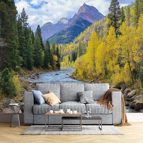 Wald Fluss Fototapete - Natürliche Berge - Größe 400X280Cm (Breite X Höhe) Wandtapete Tapete, Wandbild Wandtattoo Dekoration - Tapete, Kinderzimmer, Kindertapete