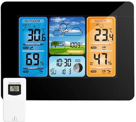 Binnan Station Météo Interieur Exterieur sans Fil, Station de Prévision Numérique des Couleurs, avec Capteur Extérieur, Temps, Température, Humidité, Baromètre, Réveil