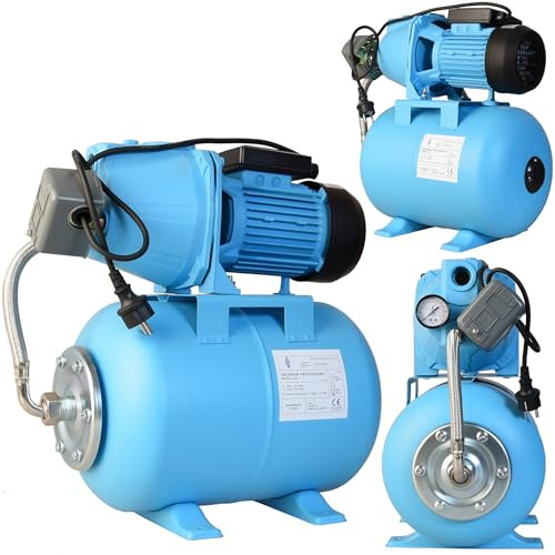 Hauswasserwerk SET 100S Gußeisen - Wasserpumpe (3600l/h, 1100W, Förderhöhe 50m) - 24L Druckkessel - Hauswasserautomat mit Druckschalter Manometer - für Brauchwasserversorgung Bewässerung 24 Liter