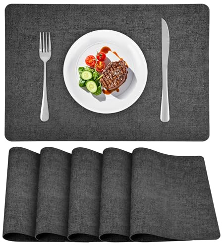 APLKER Tischsets Abwaschbar 6er Set, Doppelseitigen Platzset Leder rutschfest Platzdeckchen Kunstleder Tischset Lederoptik, 40 x 30 cm Dunkelgrau