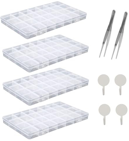 HOWAB 4 Stück 28 Fächer Sortierbox mit Deckel Klein, Sortierboxen für Kleinteile Organizer, Sortierkasten für Snackles, Perlen Aufbewahrungsbox Klein, Box mit Fächern mit Pinzette und Klebehaken
