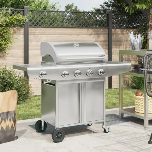 Griglia Barbecue a Gas con 5 Bruciatori, Accensione Piezoelettrica Termometro Integrato Ruote Flessibili Armadietto di Stoccaggio 136,5 x 54 x 109 cm Acciaio Inossidabile e Cromato for Esterno Famigli