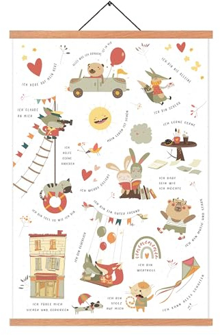 ZDFDC Affirmation Poster Kinder Deutsch,Selbstvertrauen Poster,Positive Glaubenssätze-Wandbilder auf Leinwand in A2-Größe mit Teak-Holz Posterleiste und Magnetbefestigung