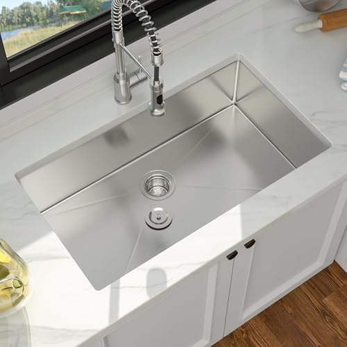 33 Inch Undermount Kitchen Sink - Funmier 33 x 19 Undermount Kitchen Sinks Stainless Steel 16 Gauge Single Bowl Under Mount Deep Basin Handmade with Offset Drainer