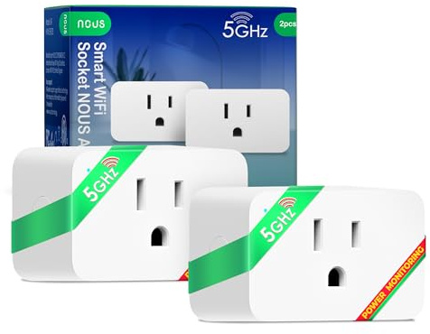 NOUS Wi-Fi Smart Plug 15A, Dual-Band 2.4GHz & 5GHz, Energy Monitoring, Compatible with Alexa, Google Home, Tuya Smart App, Remote Control, Timer, Compact Design, Smart Outlet, 2 Pack