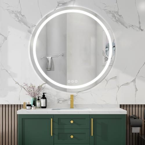 Simusi Badezimmerspiegel mit Beleuchtung, 80cm Rund Spiegel mit Beleuchtung | Wandspiegel mit Frontbeleuchtung, Antibeschlagfunktion, Dimmbar, mit 3 Einstellbaren Lichtfarben