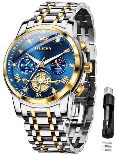 OLEVS Men Skeleton Watches Stainless Steel Analog Quartz Moon Phase Male Diamond Multi Calendar Chronograph Waterproof Wrist Watch for Men