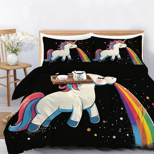 WunM Studio Bettwäsche 135×200CM Bettgarnitur - Schwarzes Einhorn Bettwäsche Sets Microfaser Bettbezug mit Kissenbezug Bügelfrei & Knitterfrei Regenbogen-Tiere-Thema Deckenbezug mit Reißverschlus