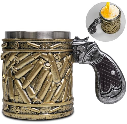 LUCYLANKER Modischer und lustiger Bierkrug aus Edelstahl mit Pistolengriff, origineller Becher, personalisierter Revolverbecher, 3D Pistolengriff, Militärgeschenk für Männer, 450 ML (05)