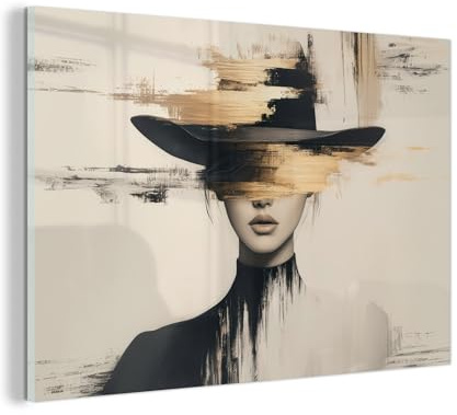 MuchoWow© Glasbild Wall Art Decoration Bilder für die Wand Schlafzimmer | 120x80 cm - Deko Canvas Painting Wanddekoration Wohnzimmer Frau - Hut - Farbe