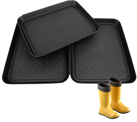 Strehknewen 3er Set Schuhabtropfschale – 35×27,5×3cm Schuhwanne aus robustem PP-Kunststoff, Schuhmatte für drinnen & draußen, Schwarz, Stapelbare Abtropfschale für nasse Schuhe & mehr