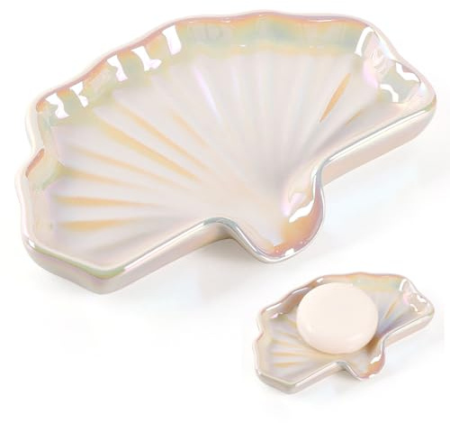 ANTIS'S HOME Keramik Seifenschale mit Ablauf, Muschelform mit Perlmuttschimmer – Seifenablage rutschfest & Modern – Seifenhalter für Bad, Dusche, Waschbecken & Küche, als Schmuckschale geeignet