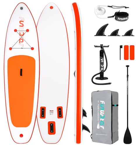 FunWater 320CM Aufblasbar Stand Up Paddling Board SUP – Paddel, Rucksack, 3 Flossen, Pumpe, Leine– SUP Board für Anfänger & Fortgeschrittene