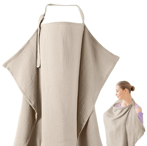 Wanheart Stilltuch Unterwegs Musselin Baumwolle - 100% Atmungsaktiver Stillschal, 360° Sichtschutz, Verstellbarer Nackenriemen, Baby Nursing Cover, Khaki 75x95cm für Öffentliche Orte und Reisen