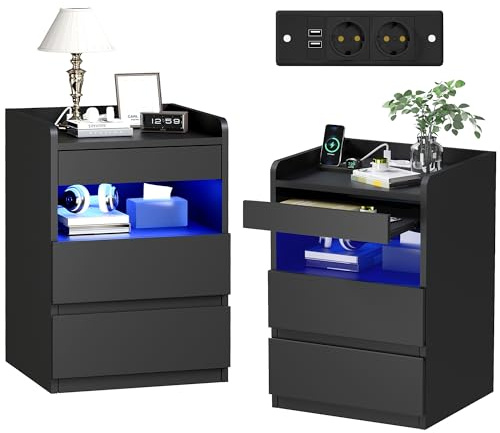 BEWISHOME Set di 2 Comodino,con Scomparto Nascosto(2 Cassetti),Comodino con presa,Semplice e Versatile,con Funzione di Ricarica,per Soggiorno,Camera da letto (Nero) EFCG02B
