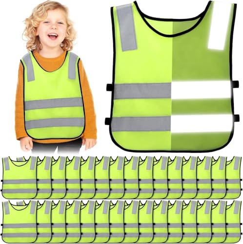 30 Pcs Kids Safety Vest High Visibility Reflective Safety Children Vest Neon Yellow Child Traffic Clothes with Elastic Strap for Kids Cycling Running Skiing Outdoor Activities