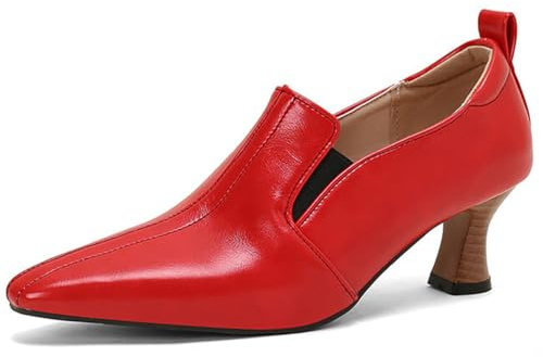 Dampumps med låg klack i lackerat PU-läder med spetsig tå, slip-on, krokodilmönster, elegant för kontor, arbete, kväll och bröllop, bekväm, Färg: röd, 42 EU