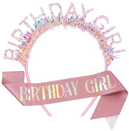 FrostyFlair Geburtstag Kronen Mädchen, Geburtstagskrone & Schärpe Set, Prinzessinnenkrone für Geburtstag, Pinke Glitzer Happy Birthday Schärpe, Party Zubehör für Mädchen & Frauen