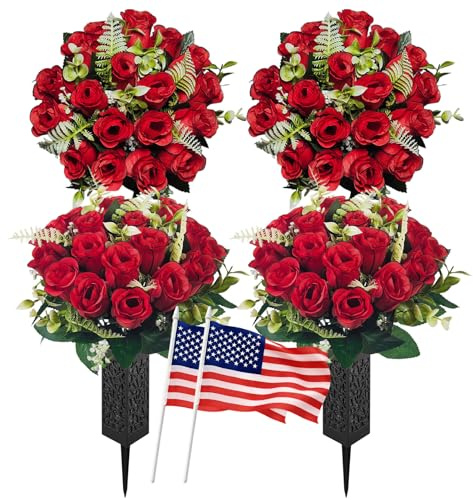 2 Pack Cemetery Flowers for Grave with Spiked Vases, 18-Stem Red Artificial Rose Bouquets with Flag, Non-Bleeding & Wind-Resistant All-Weather Memorial Decorations for Headstones
