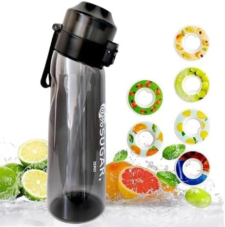Générique Gourde de sport (650 ml) pour l'école, la gym et le fitness - Avec 7 dosettes aromatiques sans sucre et paille - Noire - Avec goût - Convient également pour les enfants (noir)